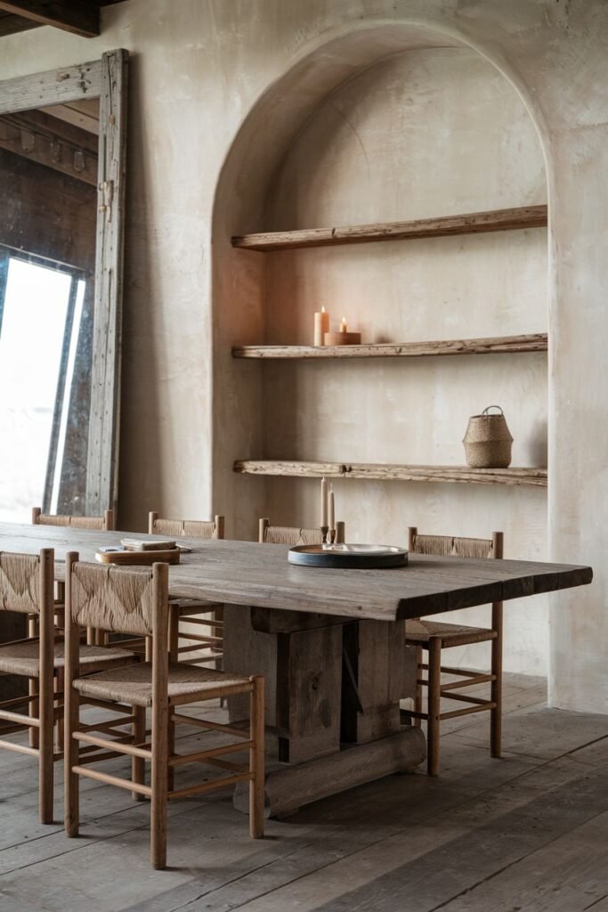 A serene Wabi Sabi dining room showcasing a large, rough natural wood table surrounded by chairs with woven seats. Recessed shelves display simple items against a textured wall, creating a peaceful dining room setting.