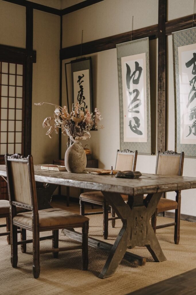 A natural and serene Wabi Sabi dining room featuring a rustic wooden table with chairs featuring cane backs and upholstered seats. Large scrolls with calligraphy on the wall and a vase with dried flowers add to the tranquil dining room ambiance.