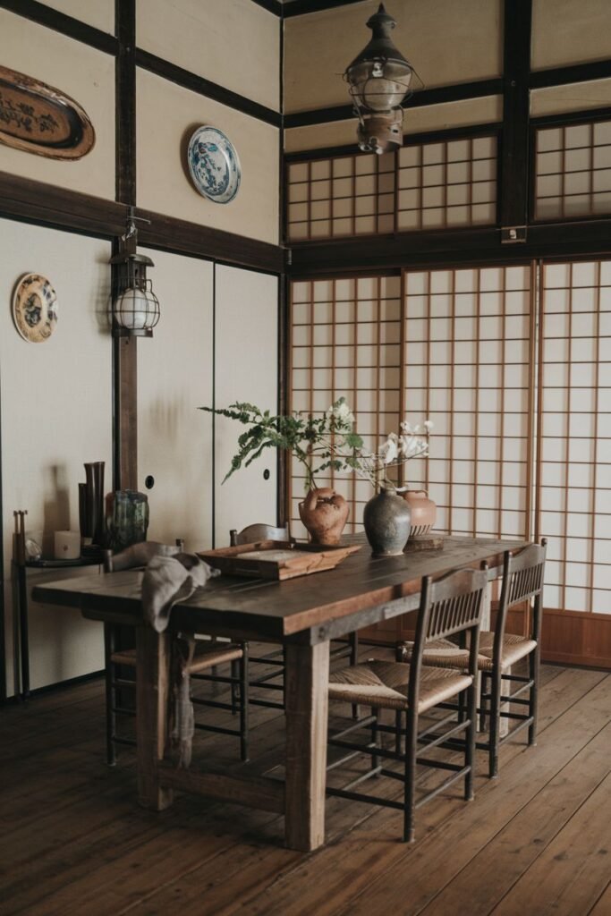 A simple and natural Wabi Sabi dining room setting with a solid wooden table and chairs with woven seats. Shoji screens and vintage lanterns enhance the serene dining room feel, while decorative plates adorn the walls.