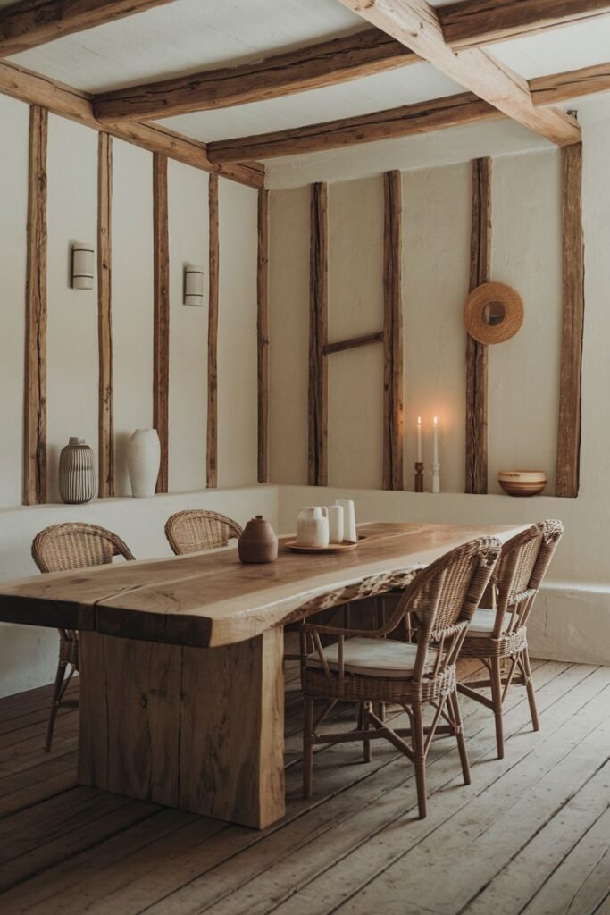 A natural Wabi Sabi dining room highlighting raw wood beams and textured walls. A long, live-edge wooden table and wicker chairs create a serene dining room space, complemented by minimalistic vases and candles.