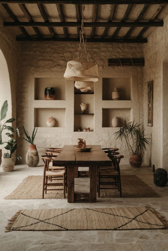 A tranquil outdoor-inspired natural and serene Wabi Sabi dining room. A sturdy wooden table and chairs are placed on a stone floor with natural fiber rugs. Built-in wall niches and large potted plants bring the outside in, creating a peaceful dining room.