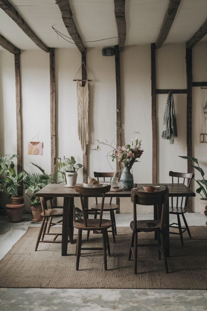 A serene natural dining room filled with lots of greenery. A dark wooden table and simple wooden chairs sit on a large natural fiber rug. Textile art and potted plants contribute to the Wabi Sabi dining room's tranquil atmosphere.