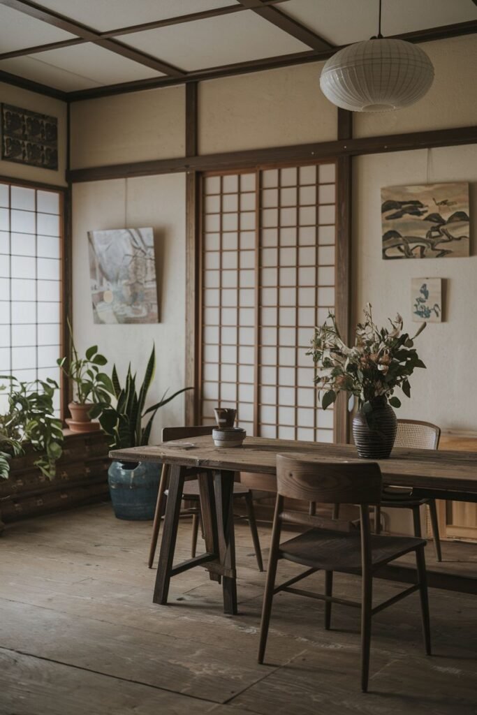 Natural light floods this Wabi Sabi dining room with wooden furniture and chairs with woven seats. Shoji screens, minimalistic artwork, potted plants, and a simple paper lantern create a serene dining room space that embraces imperfection.