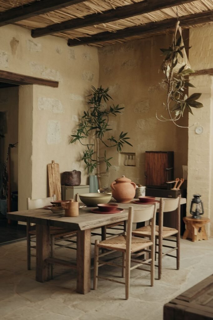 A rustic and natural dining space featuring a square wooden table and chairs with woven seats. Earthenware pots, wooden cutting boards, and large potted plants enhance the serene Wabi Sabi dining room feel, with a simple light fixture overhead.