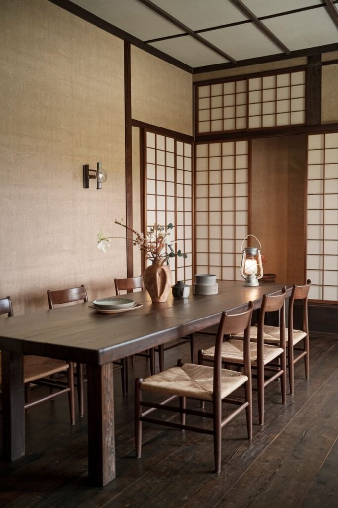 Dark wood furniture and shoji screens create a calming and serene Wabi Sabi dining room atmosphere. A long, dark wooden table and matching chairs are complemented by minimalistic decor and warm, simple lighting.