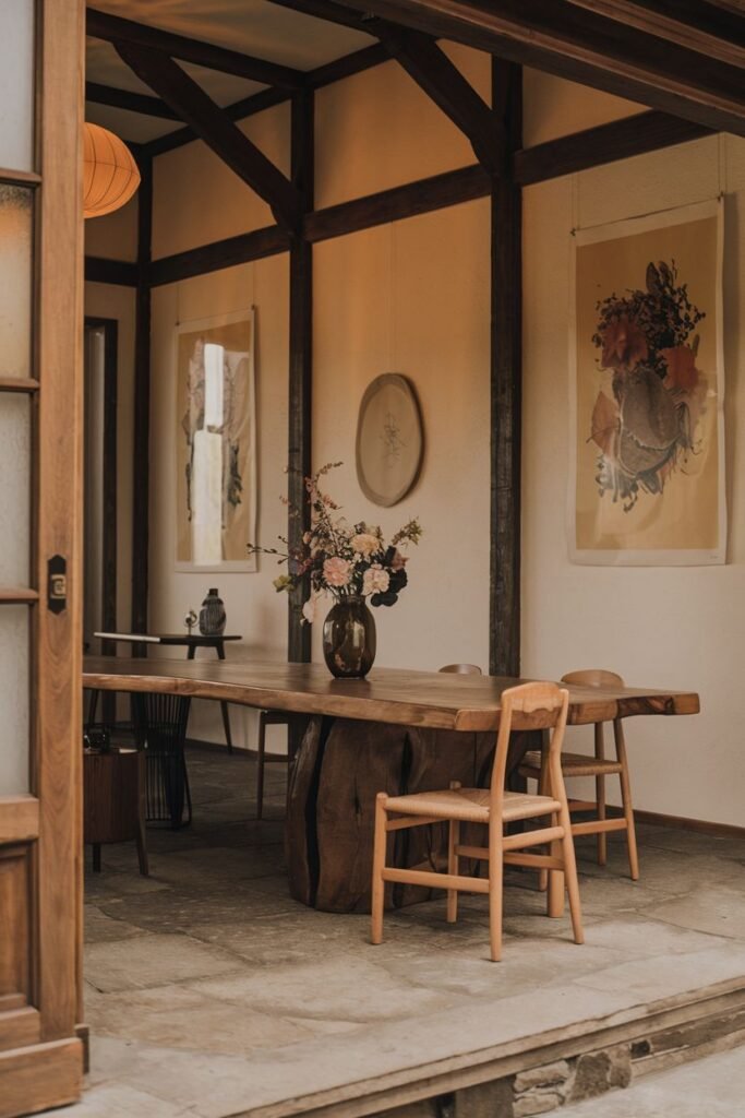 A grand natural dining table with a unique base is the focal point of this serene Wabi Sabi dining room. A very large, live-edge wooden table is paired with chairs of different styles. Artwork and a large floral arrangement enhance the tranquil dining room.