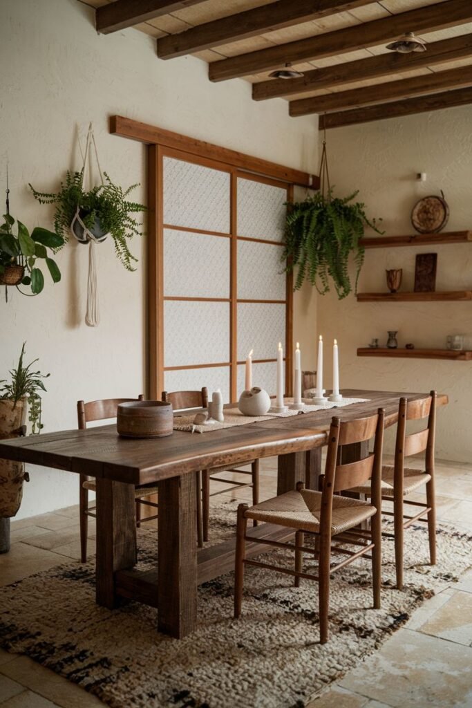 A natural and serene Wabi Sabi dining room featuring a large wooden table and chairs with woven seats on a textured rug. Hanging plants and sliding doors with translucent panels add to the tranquil dining room, along with candles and simple decorative objects.