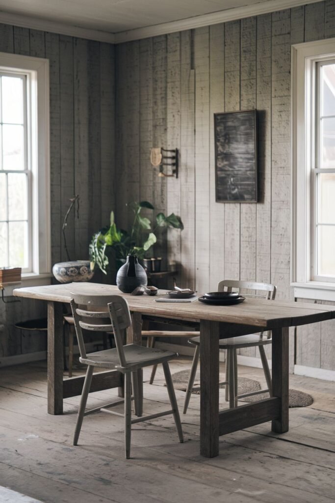 A simple wood and pale colors create a natural look in this serene Wabi Sabi dining room. A light-colored wooden table and chairs are placed on wooden floorboards, with a potted plant and minimalistic art completing the peaceful dining room.