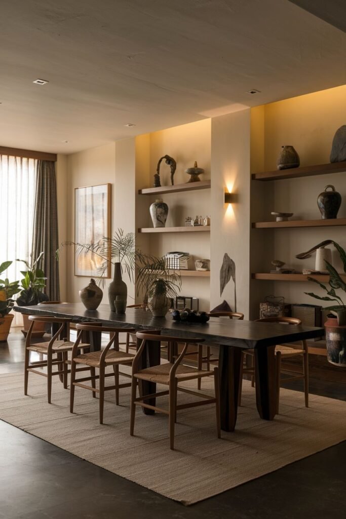 A modern Wabi Sabi dining room with ambient lighting. A dark, polished wooden table and chairs with woven seats sit on a natural fiber rug. Shelves displaying vases, pottery, and sculptural objects are lit with warm, indirect lighting, creating a serene dining room.
