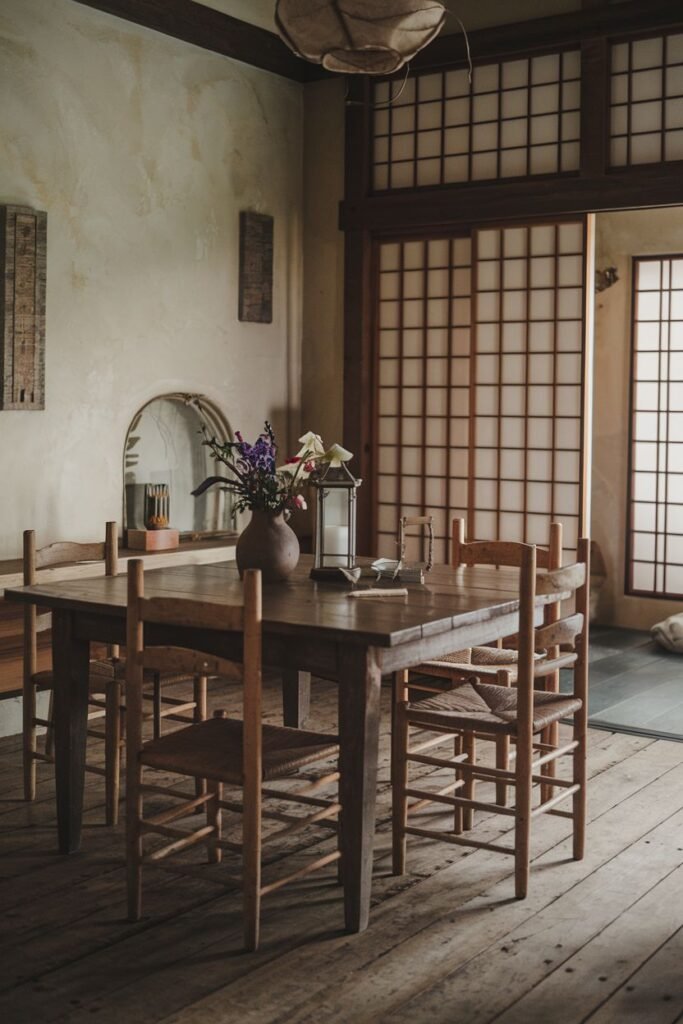 A warm and natural dining area with traditional Japanese elements, creating a serene Wabi Sabi dining room. A medium-toned wooden table and chairs are paired with shoji screens, a vase with colorful flowers, and a lantern.