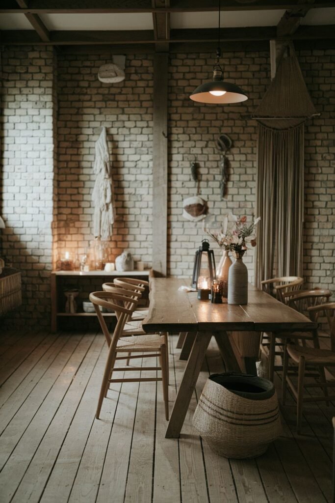Brick walls and natural wood create a serene space in this Wabi Sabi dining room. A long, natural wooden table with a unique base and chairs of varying styles, including Wishbone chairs and those with woven seats, are illuminated by a simple light fixture and candles, with a large woven basket on the floor.