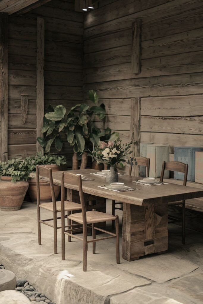 An outdoor Wabi Sabi dining area that feels incredibly natural and serene. A large, sturdy wooden table and chairs with woven seats are set up on a stone patio with large potted plants and an exposed wooden wall, providing a tranquil dining room experience in nature.