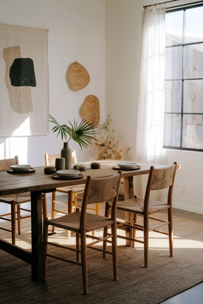 A bright and natural dining room with a Wabi Sabi touch. A light-colored wooden table and chairs with woven seats sit on a natural fiber rug, bathed in ample natural light. Textile hangings and woven decorative items contribute to the serene dining room.