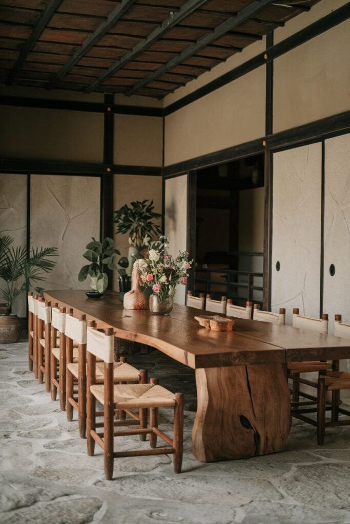 A large dining table is the centerpiece in this natural stone setting, creating a serene Wabi Sabi dining room. A very large, live-edge wooden table with a significant natural base is surrounded by numerous chairs. The stone floor, wooden ceiling beams, sliding doors, and potted plants complete the look.