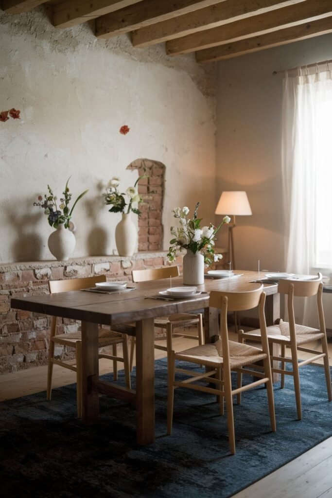 A natural serene dining room featuring exposed brick walls. A medium-toned wooden table and chairs with woven seats are placed on a dark, textured rug. Vases with flowers and a wall shelf add simple decor to this tranquil Wabi Sabi dining room.