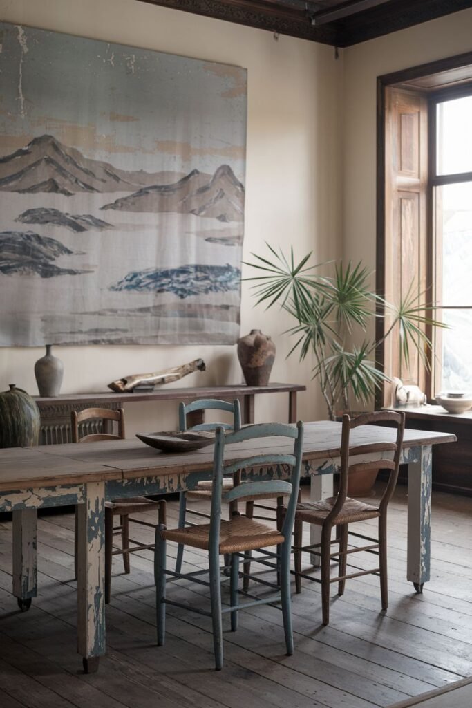 A natural Wabi Sabi dining room with lots of character. A long, painted wooden table with a distressed finish is paired with chairs of different styles and colors. A large textile artwork depicting a landscape hangs on the wall, contributing to the serene atmosphere, along with vases and natural objects.