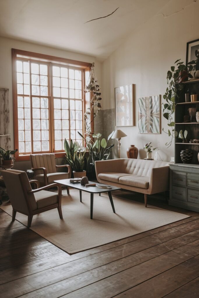 A simple wabi sabi living room flooded with natural light from a large window, featuring comfortable sofas, a low coffee table, and several plants, embodying a calm and grounded atmosphere.