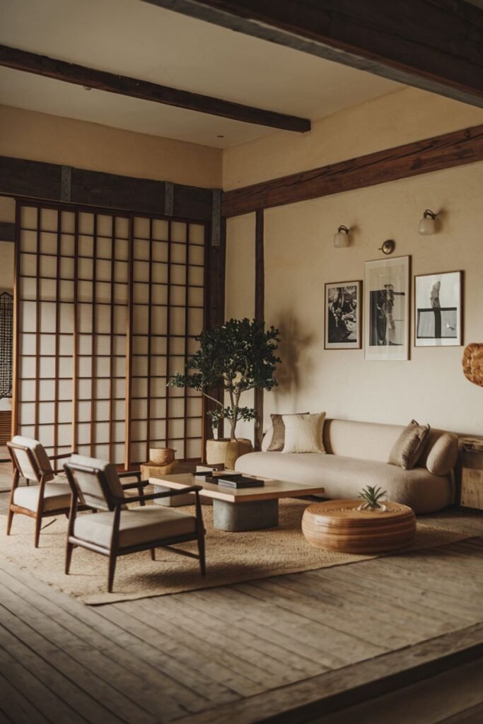 A minimalist simple wabi sabi living room with Japanese influence, featuring a large shoji screen, low seating, a wooden coffee table on a rug, plants, and minimalist art.