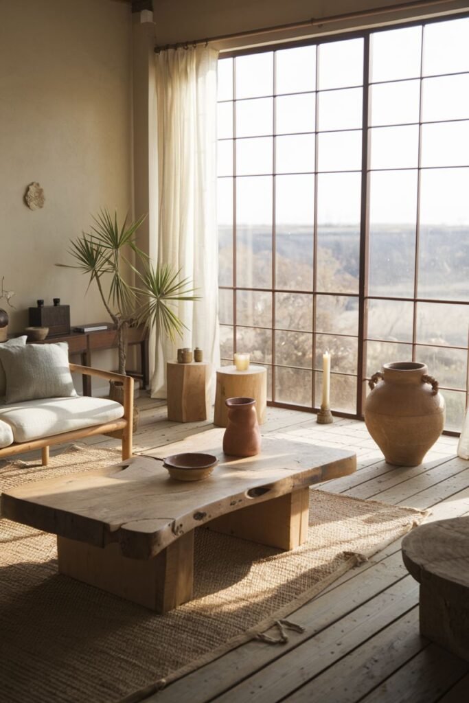 A bright and open simple wabi sabi living room featuring a huge window for natural light, a massive wooden coffee table, minimal seating, plants, and large decorative pottery.