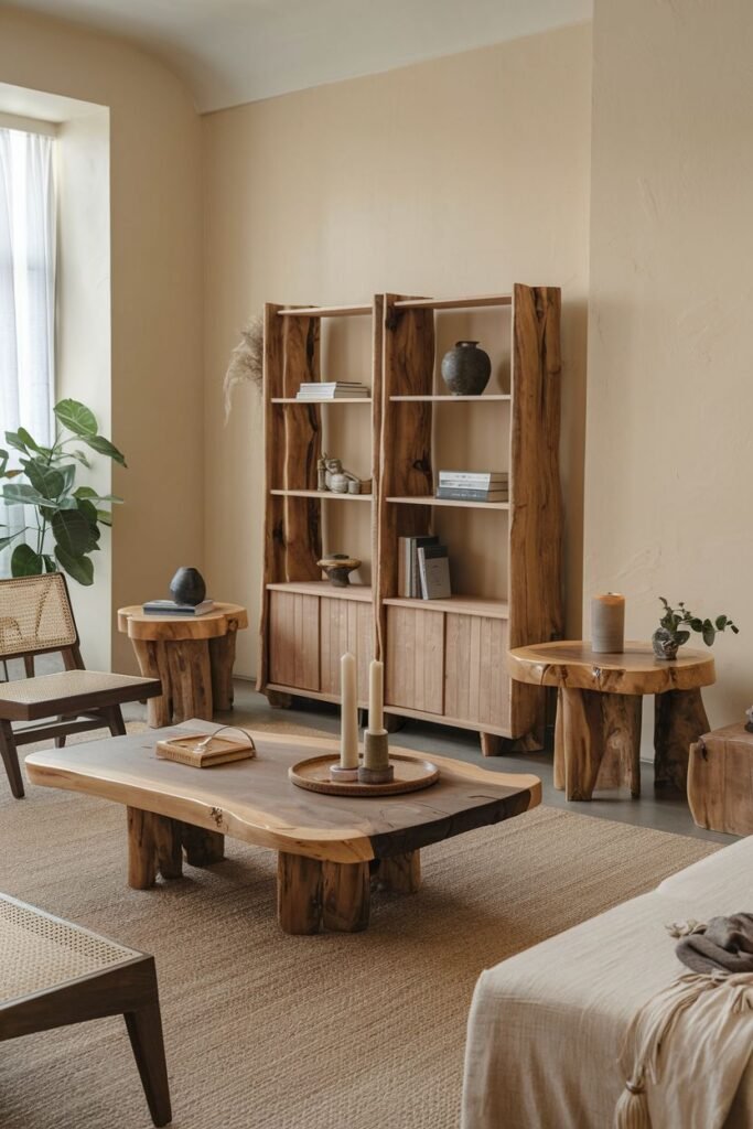 This simple wabi sabi living room utilizes natural edge wood furniture, including a coffee table, side tables, and a bookshelf, bringing organic beauty to a minimalist layout.