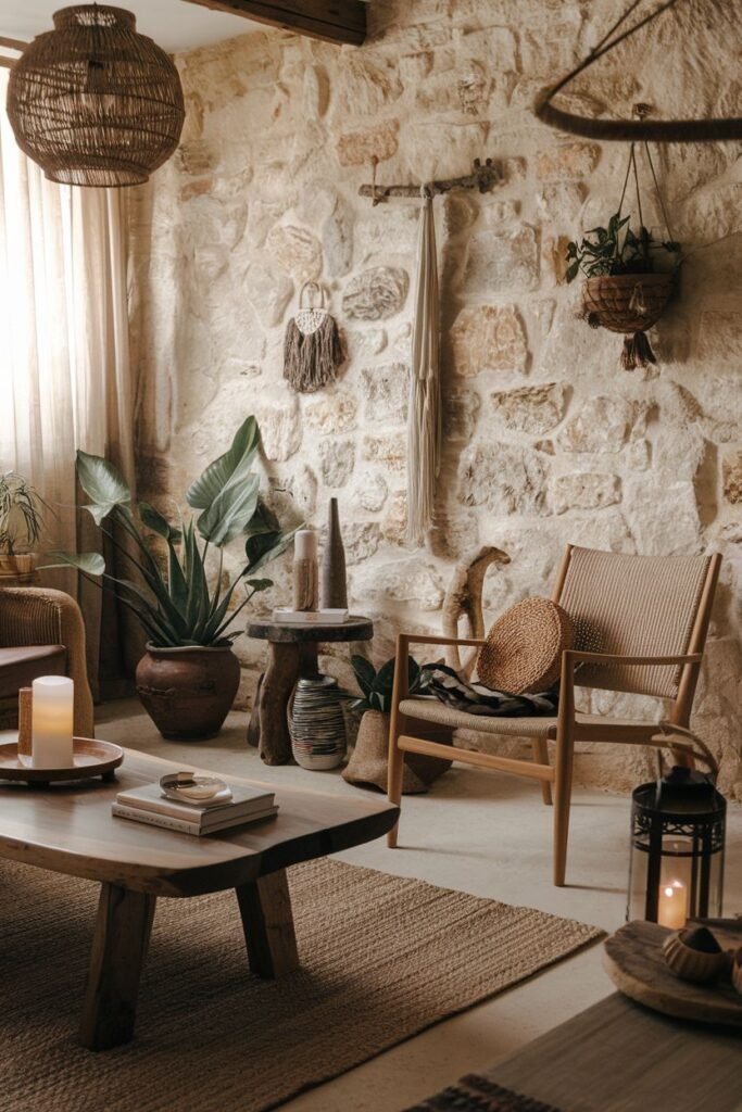 An inviting simple wabi sabi living room highlighting a textured stone wall, natural materials like wood, rattan, and woven fibers in furniture and decor, and ambient lighting.