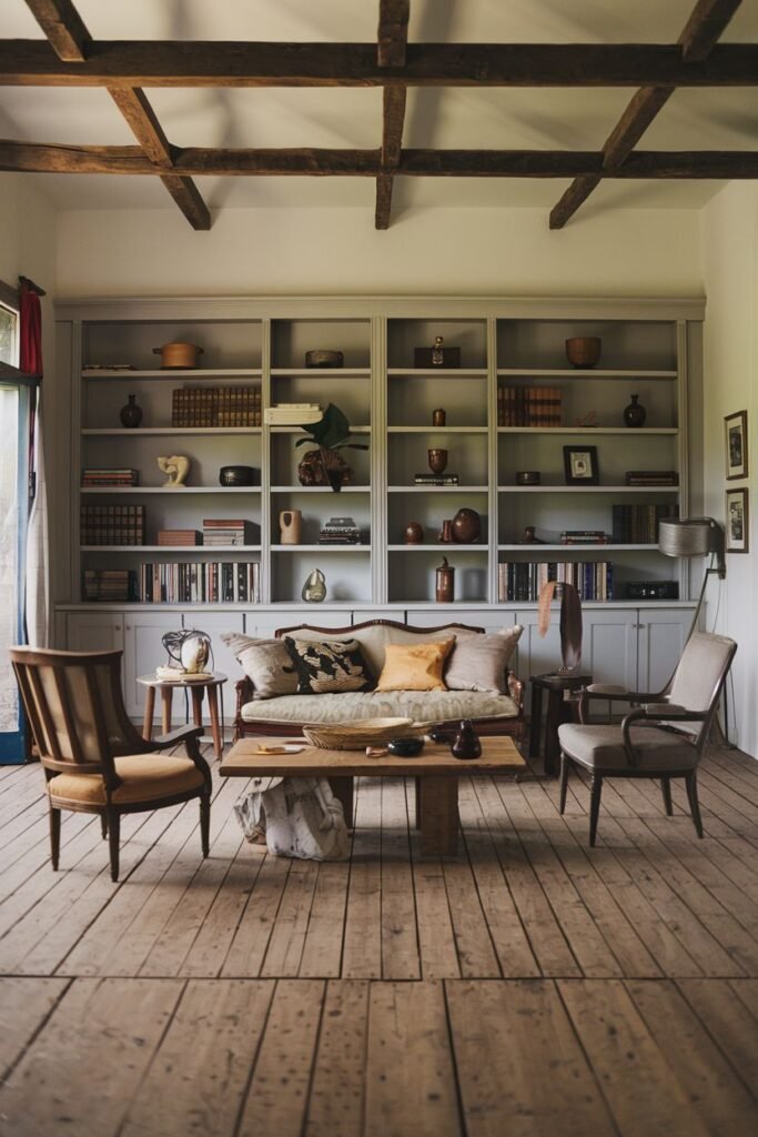 An organized and simple wabi sabi living room with a large built-in shelving unit for storage, complemented by traditional sofas, chairs, and a wooden coffee table on a wooden floor.