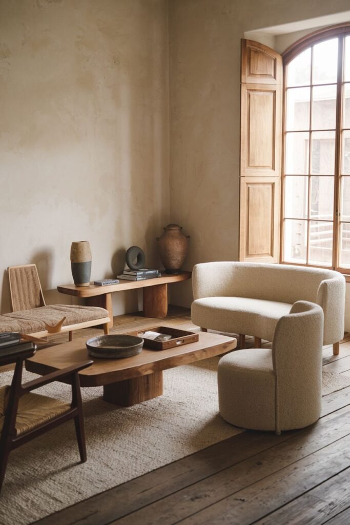 This simple wabi sabi living room features rounded forms in the sofa and armchair, warm wood tones in the coffee table and bench, and a large window with shutters, creating a cozy atmosphere.