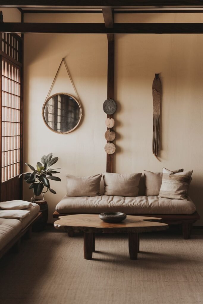 A simple wabi sabi living room designed for floor seating, featuring a low sofa/daybed, a low coffee table, a round mirror, decorative wall hangings, and plants.