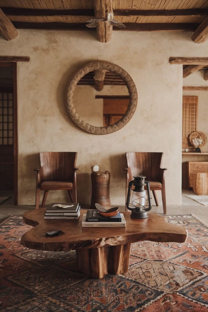 A simple wabi sabi living room adding pattern with a decorative rug, a unique round mirror, and a rustic lantern, centered around a live-edge coffee table and wooden chairs.