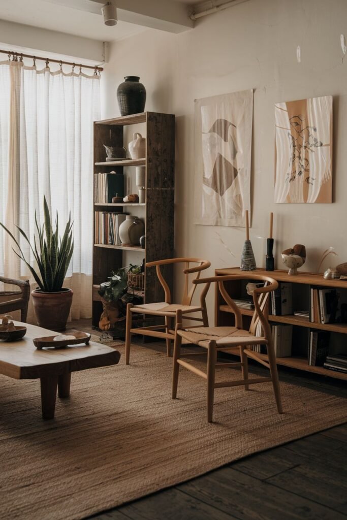 A functional and simple wabi sabi living room incorporating a rustic wooden bookshelf for storage, wooden chairs with woven seats, a wooden coffee table, plants, and wall art.
