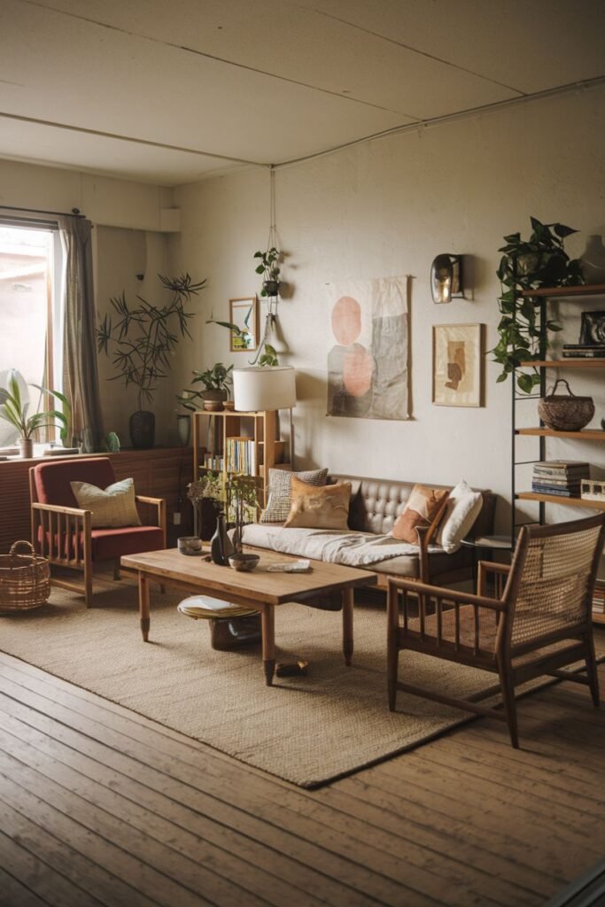 This simple wabi sabi living room features a neutral palette with a pop of color from a warm red armchair, combining various seating options, a wooden coffee table, shelves, and plants.