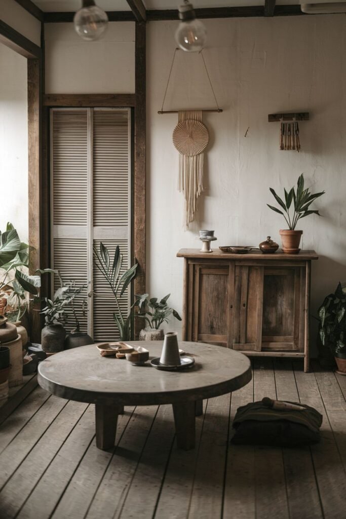 A simple wabi sabi living room centered around a round coffee table, showcasing natural wood furniture, abundant plants, a textured macrame wall hanging, and a shoji screen-like door for a serene feel.