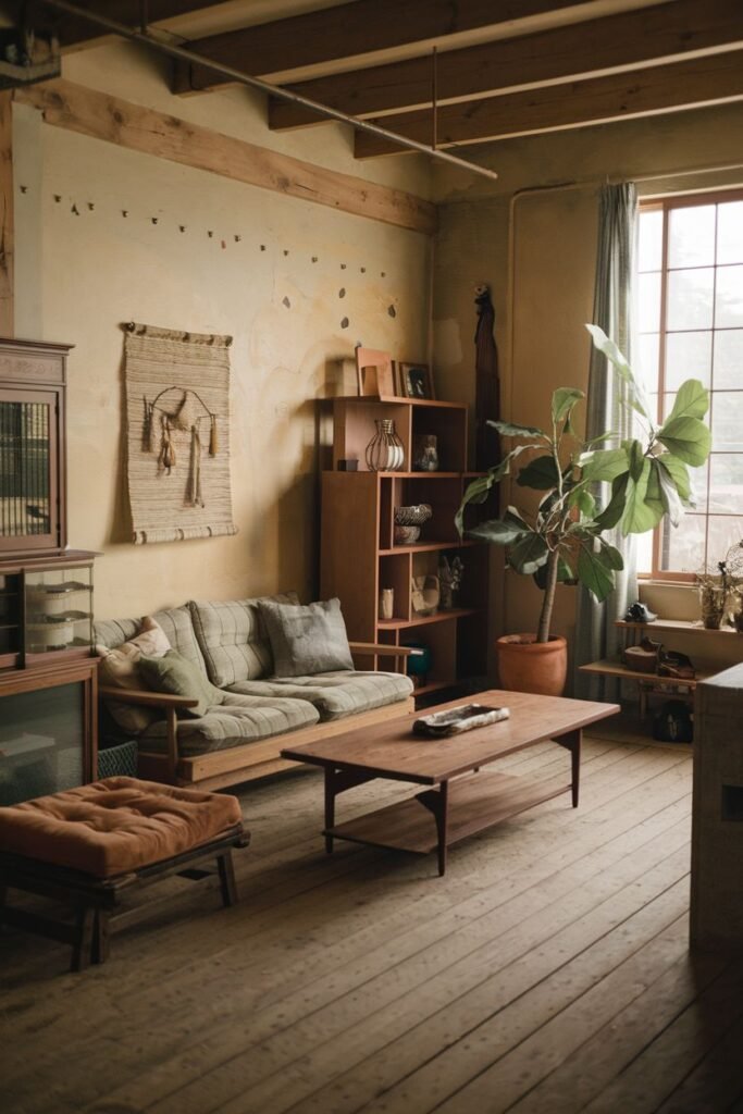 An inviting simple wabi sabi living room exploring textures with an upholstered sofa, ottoman, woven wall hanging, wooden furniture, and plants, creating a layered, tactile space.