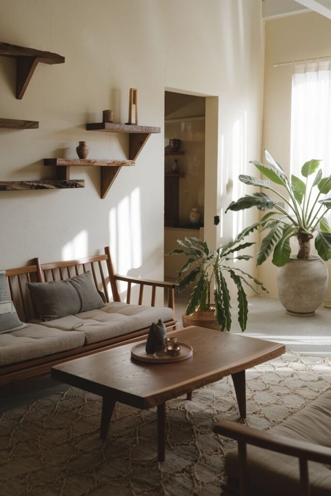 An elevated and simple wabi sabi living room featuring floating wooden shelves, a wooden sofa and coffee table, complemented by large plants and ample natural light streaming in.
