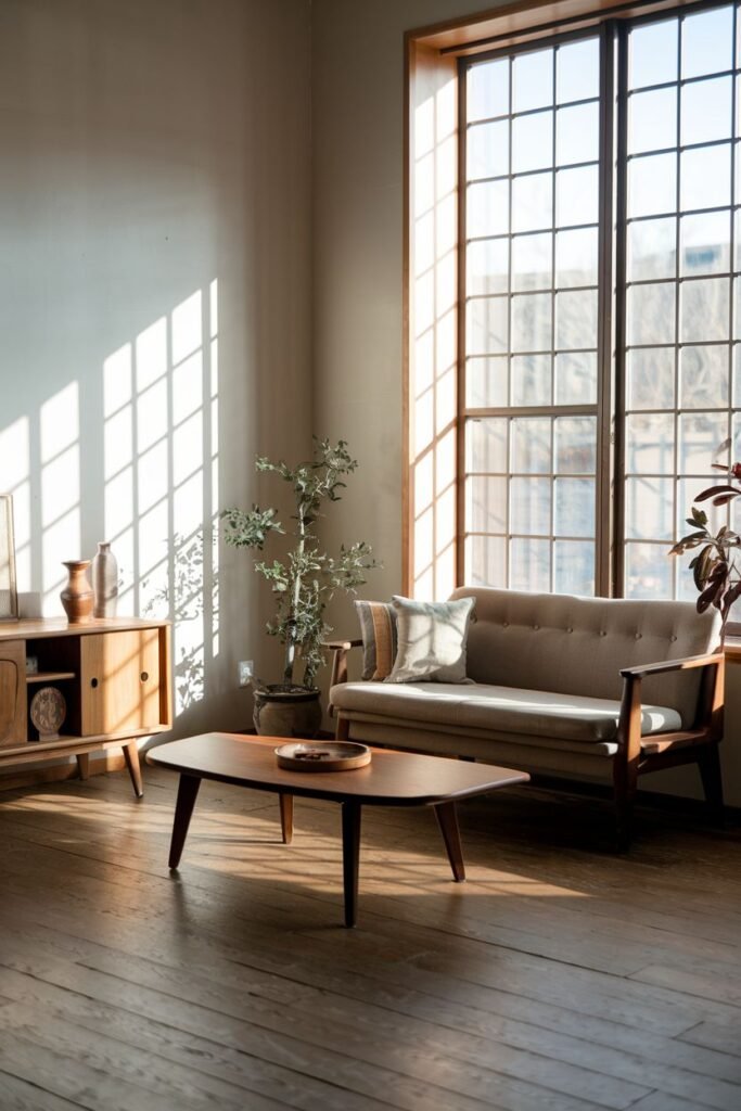 This simple wabi sabi living room showcases furniture with clean, minimalist lines, including a sofa, coffee table, and cabinet, illuminated by abundant natural light from a large window.