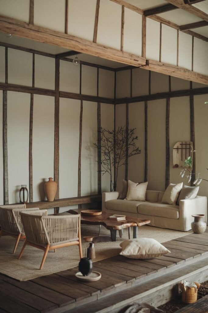 A unique simple wabi sabi living room featuring a raised wooden platform that defines the seating area with low-level furniture, plants, and rustic wall elements.