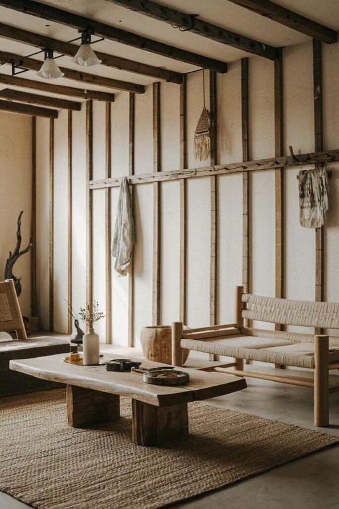 This simple wabi sabi living room celebrates natural wood and woven materials in the sofa, coffee table, and wall art, with exposed beams overhead reinforcing the connection to raw elements.