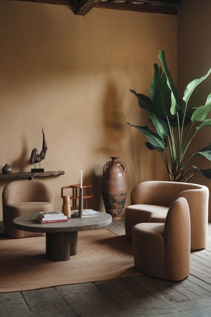 This simple wabi sabi living room embraces imperfection with organically shaped seating, a stone-like coffee table, a large plant, a textured earthy wall, and exposed wooden beams.