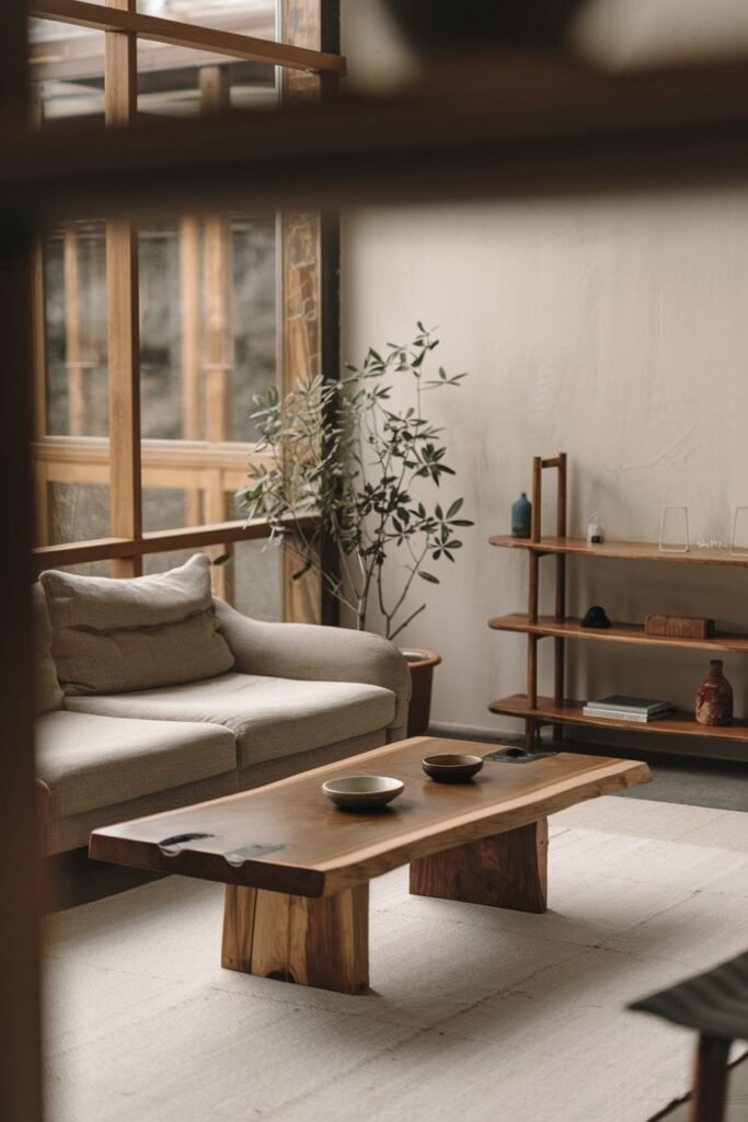 A rustic and simple wabi sabi living room featuring a live-edge wooden coffee table as the focal point, complemented by minimalist seating, a wooden shelf, and a small tree-like plant.