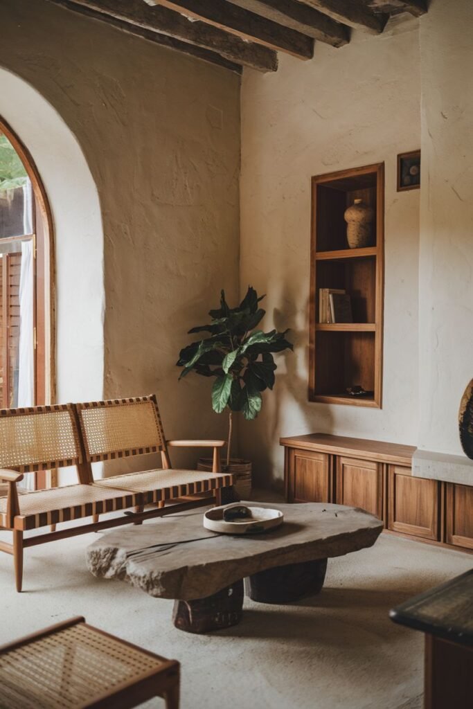 This simple wabi sabi living room uses natural textures like rough stone for the coffee table and woven rattan for the bench, alongside an arched doorway and textured wall, highlighting natural beauty.