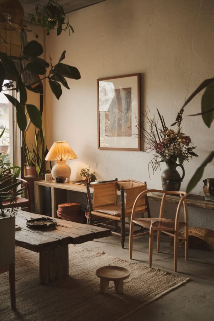 A cozy and simple wabi sabi living room filled with warm wood tones from the coffee table, chairs, and console table, accented by plants, a simple lamp, and framed art.