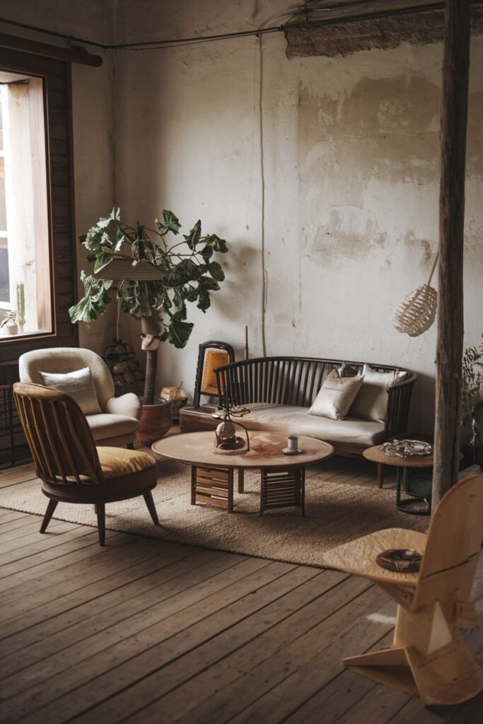 A layered and comfortable simple wabi sabi living room with a curved sofa, varied seating, a round coffee table, a large plant, rustic exposed beams, and a textured wall for a lived-in feel.