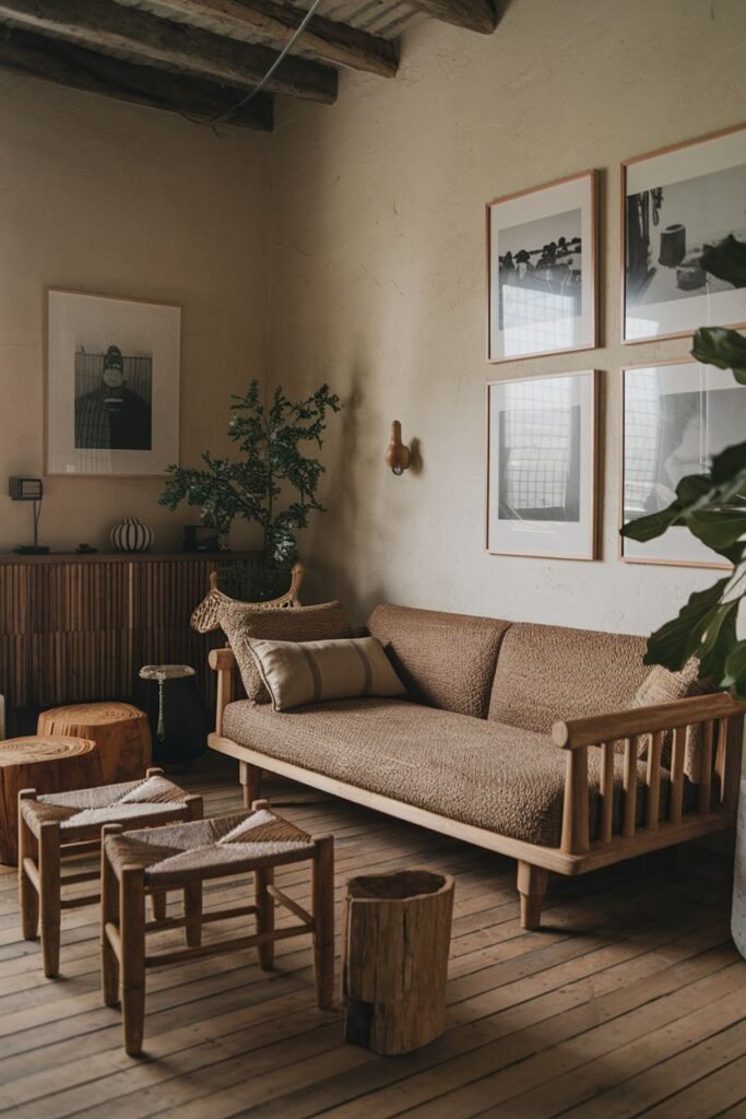 This simple wabi sabi living room is grounded by low-profile furniture including a sofa and rustic wooden stools with woven seats, featuring framed art and a small tree.