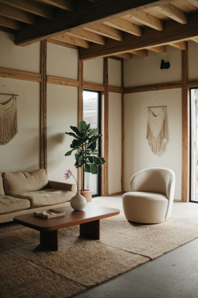 A serene corner in a simple wabi sabi living room with a sofa, rounded armchair, wooden coffee table, large plant, and a textured natural fiber rug, creating a calm space.