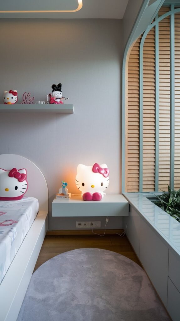 A modern and dreamy Hello Kitty bedroom with light grey walls, a white bed, and a floating white nightstand holding an adorable Hello Kitty lamp. A grey round rug complements the wooden floor, and a window with wooden slat details is visible on the right.
