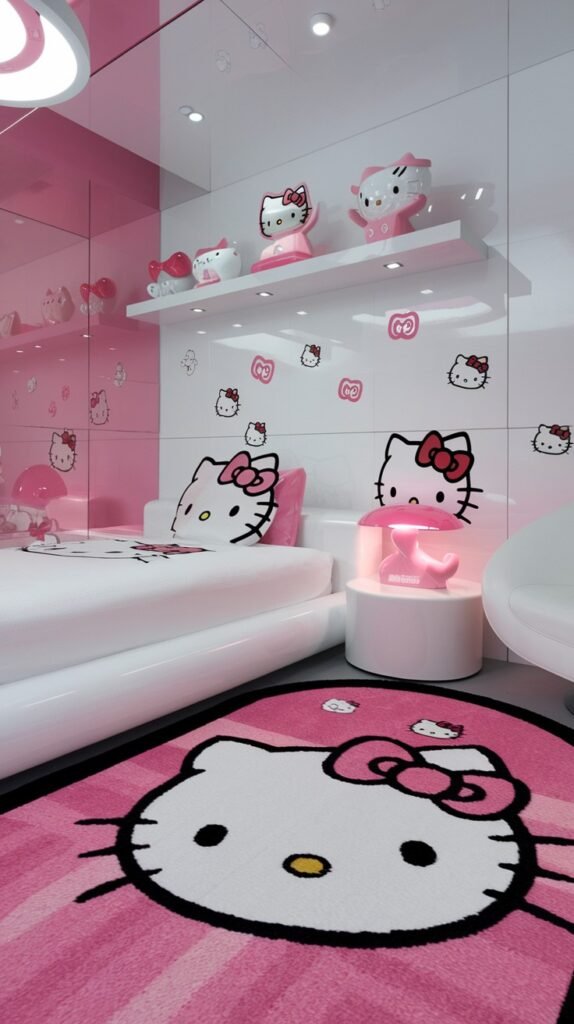 A bright and dreamy Hello Kitty bedroom with white and pink walls adorned with numerous Hello Kitty decals. The white bed is dressed with Hello Kitty pillows, and an adorable Hello Kitty lamp sits on the nightstand, with a large Hello Kitty rug covering the floor.