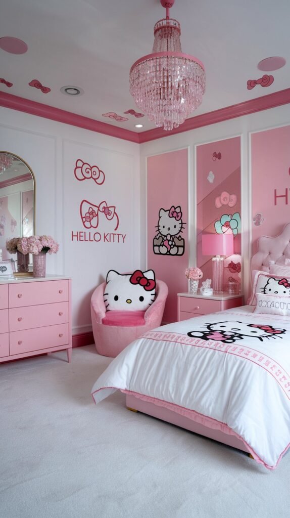 An elegant and dreamy Hello Kitty bedroom featuring white walls with pink wainscoting and Hello Kitty bow decals, as well as a framed Hello Kitty art piece. A pink bed, a pink dresser, a pink armchair with a Hello Kitty pillow, and a sparkling pink chandelier contribute to this adorable and sophisticated space.
