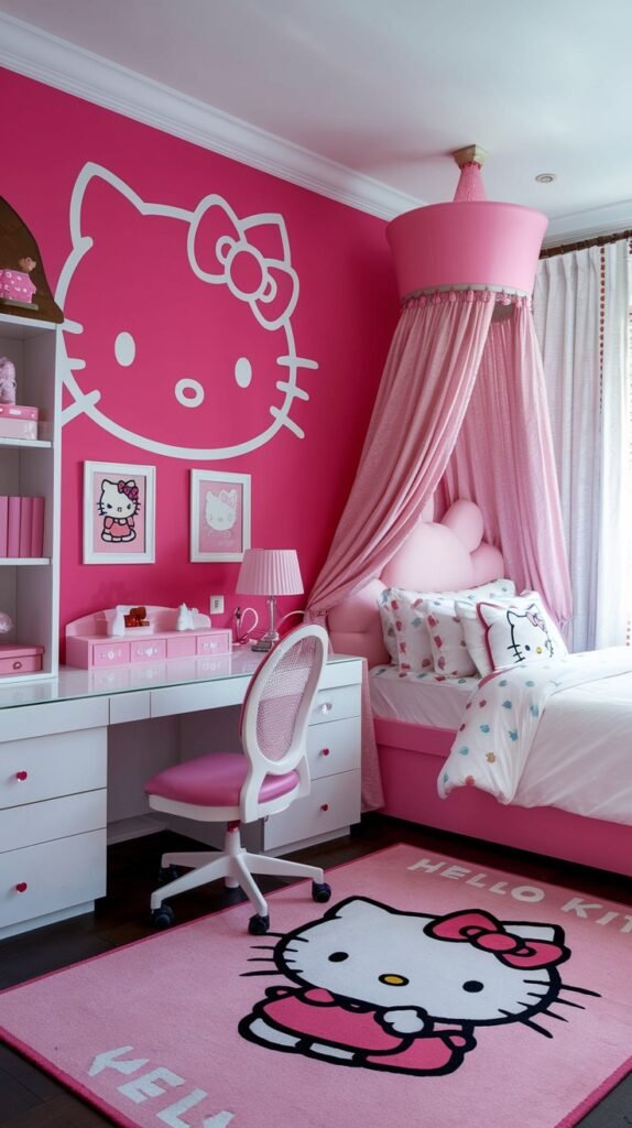 A vibrant and dreamy Hello Kitty bedroom with hot pink walls showcasing a large white Hello Kitty outline. The white bed is topped with a pink canopy, and a white desk with a pink chair provides a study area. A large Hello Kitty rug with "HELLO KITTY" text adds to the adorable theme.