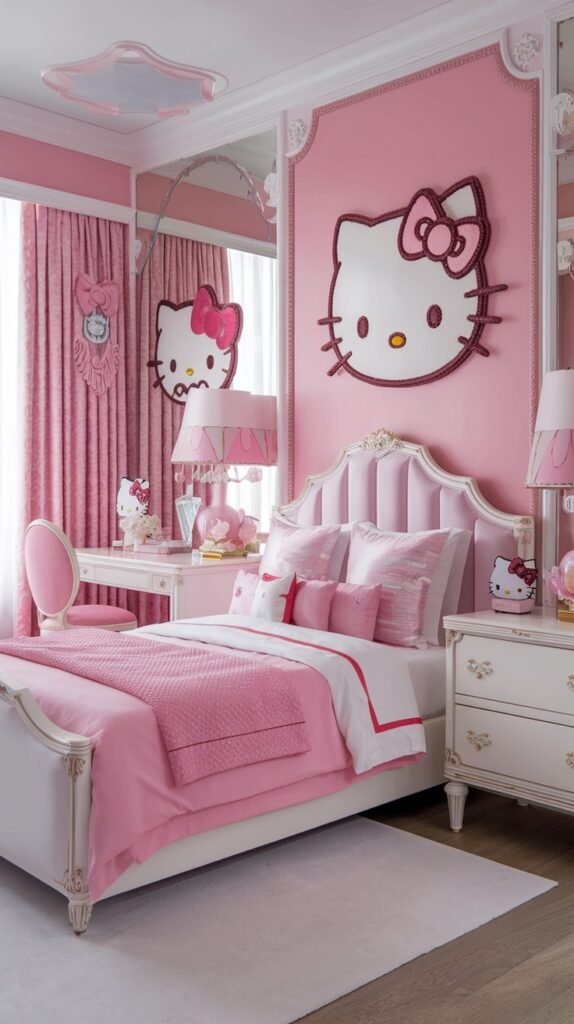 Elegant Hello Kitty princess-themed bedroom featuring a tufted headboard, vintage white and gold furniture, layered pink bedding, and a large Hello Kitty wall decoration above the bed.