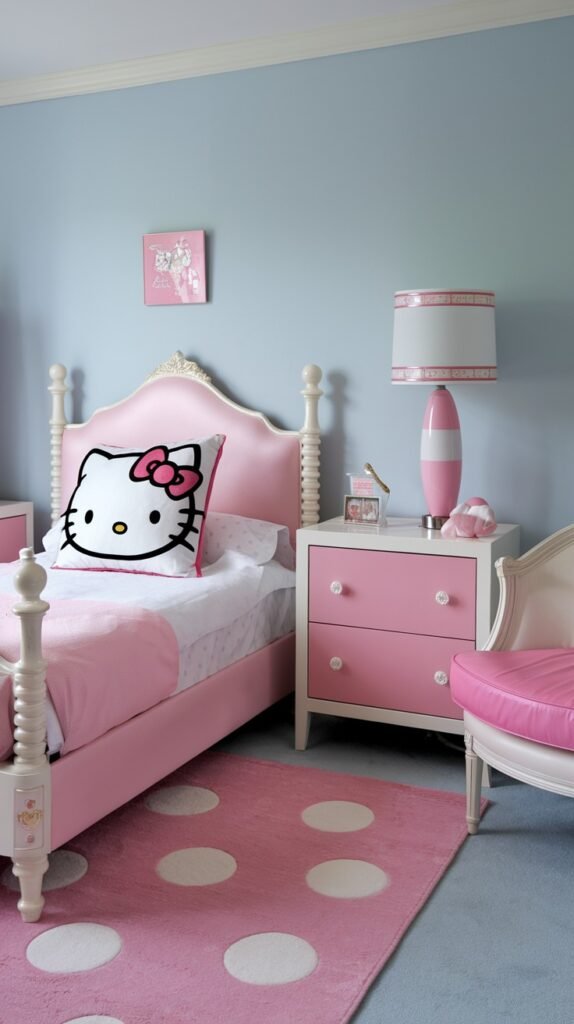 A soft and dreamy Hello Kitty bedroom featuring light blue walls and a pink spindle bed with an adorable Hello Kitty pillow. A pink nightstand with a themed lamp and a pink rug with white polka dots create a sweet and inviting atmosphere.